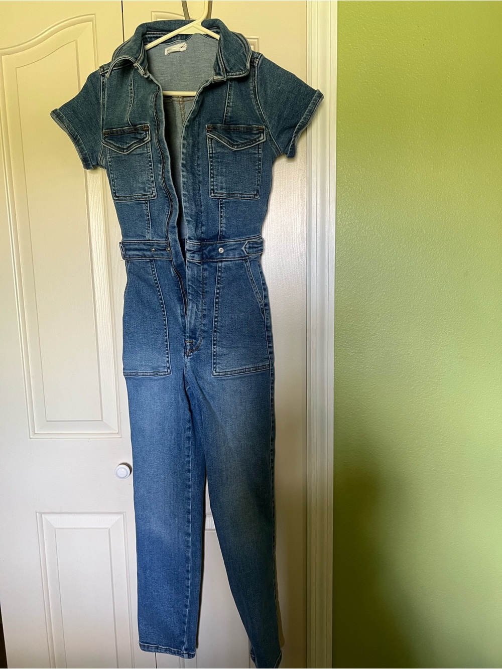 Good American Blue Denim Short-Sleeve Jumpsuit Overalls